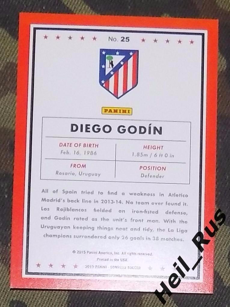 Футбол Карточка Diego Godin/Диего Годин (Атлетико Мадрид) Panini/Панини 2015 1