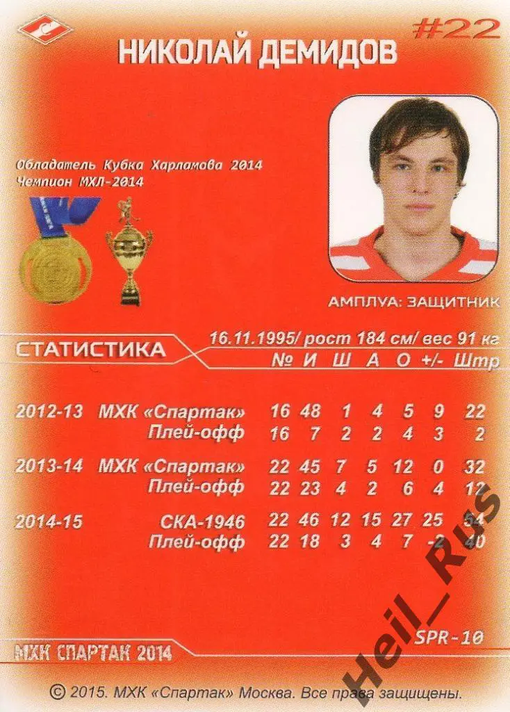 Хоккей. Карточка Николай Демидов (МХК Спартак Москва) 1