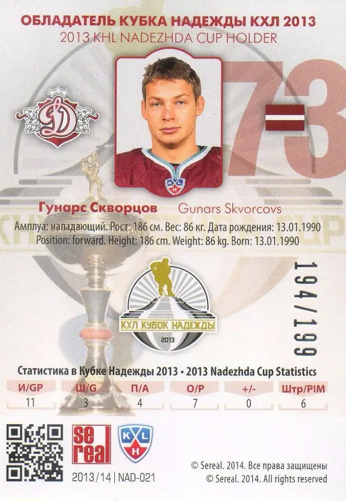 Хоккей. Карточка Гунарс Скворцов (Динамо Рига) КХЛ/KHL сезон 2013/14 SeReal 1