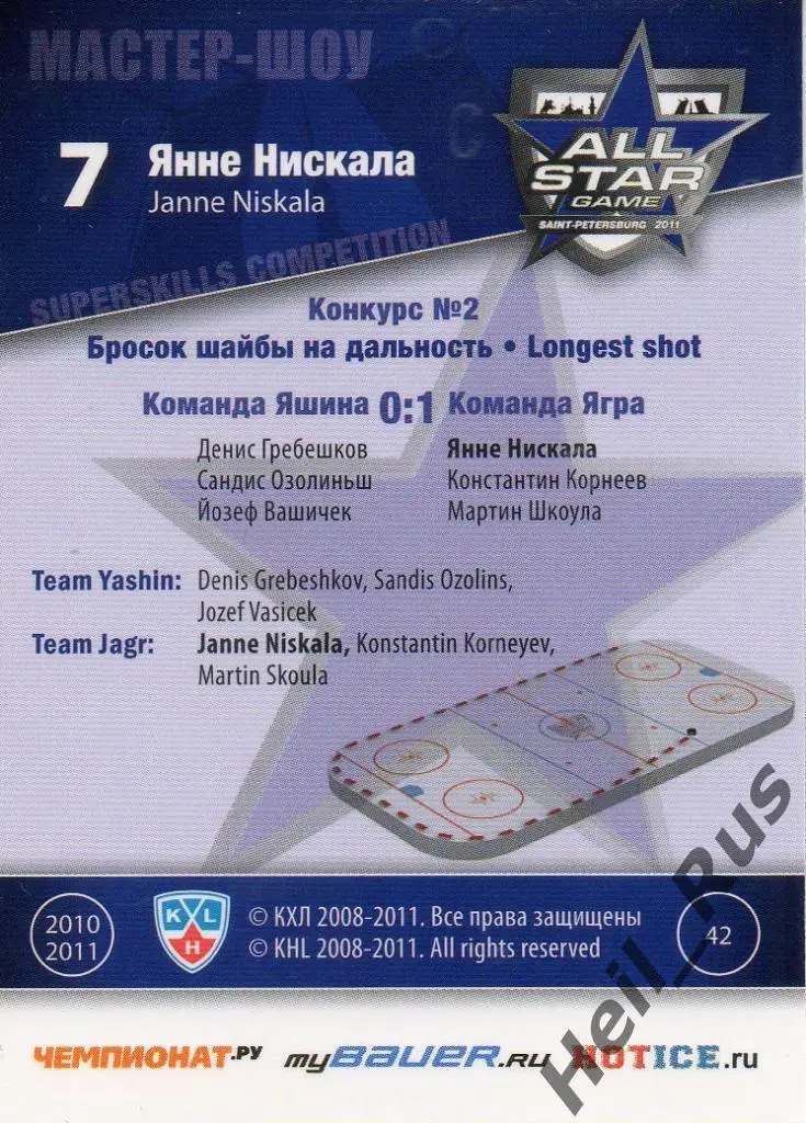 Хоккей Карточка Янне Нискала (Металлург Магнитогорск) Матч звезд КХЛ 2011 SeReal 1