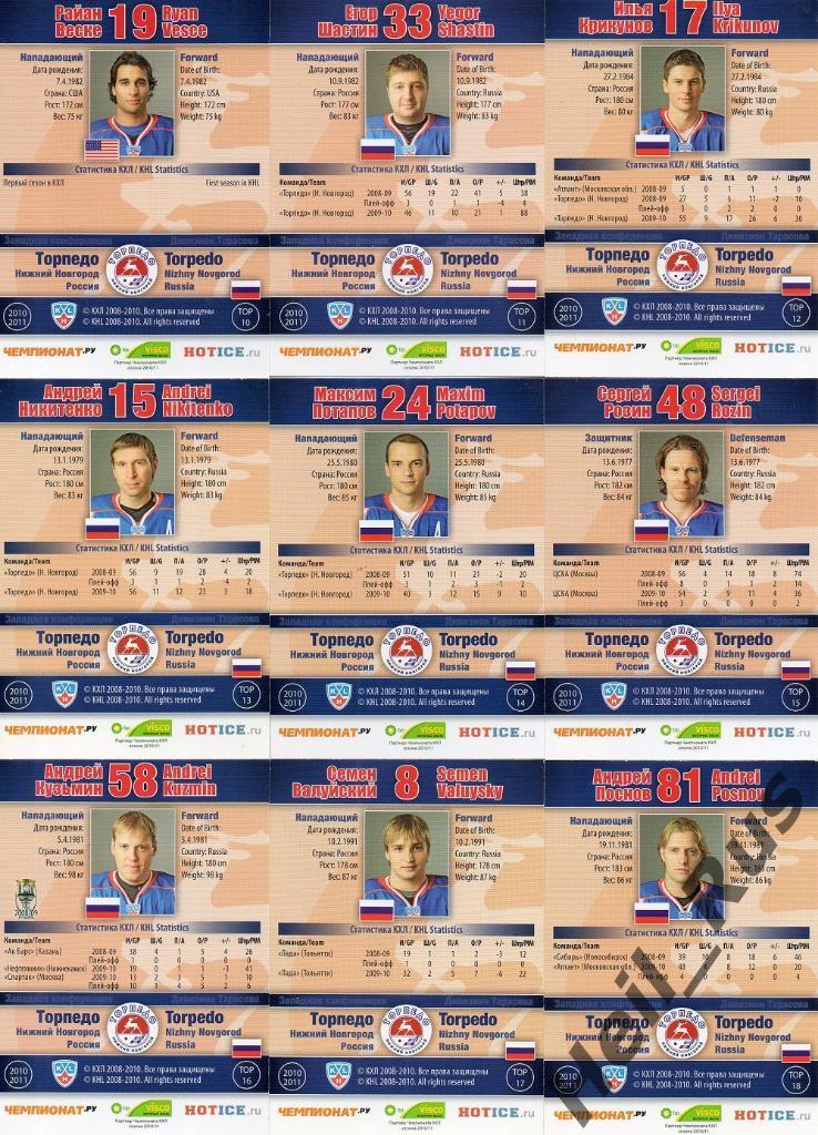 Хоккей Торпедо Нижний Новгород 24 карточки 2010/11 SeReal КХЛ/KHL (Потапов и др) 3