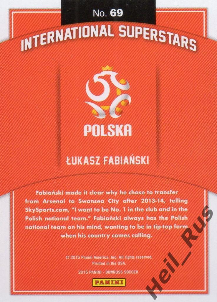 Футбол. Карточка Lukasz Fabianski/Лукаш Фабяньский (Польша) Panini/Панини 2015 1