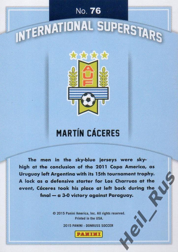 Футбол. Карточка Martin Caceres/Мартин Касерес (Уругвай) Panini/Панини 2015 1