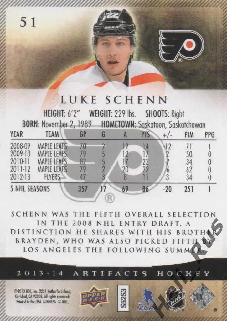 Хоккей. Карточка Luke Schenn/Люк Шенн (Philadelphia Flyers/Филадельфия) НХЛ/NHL 1