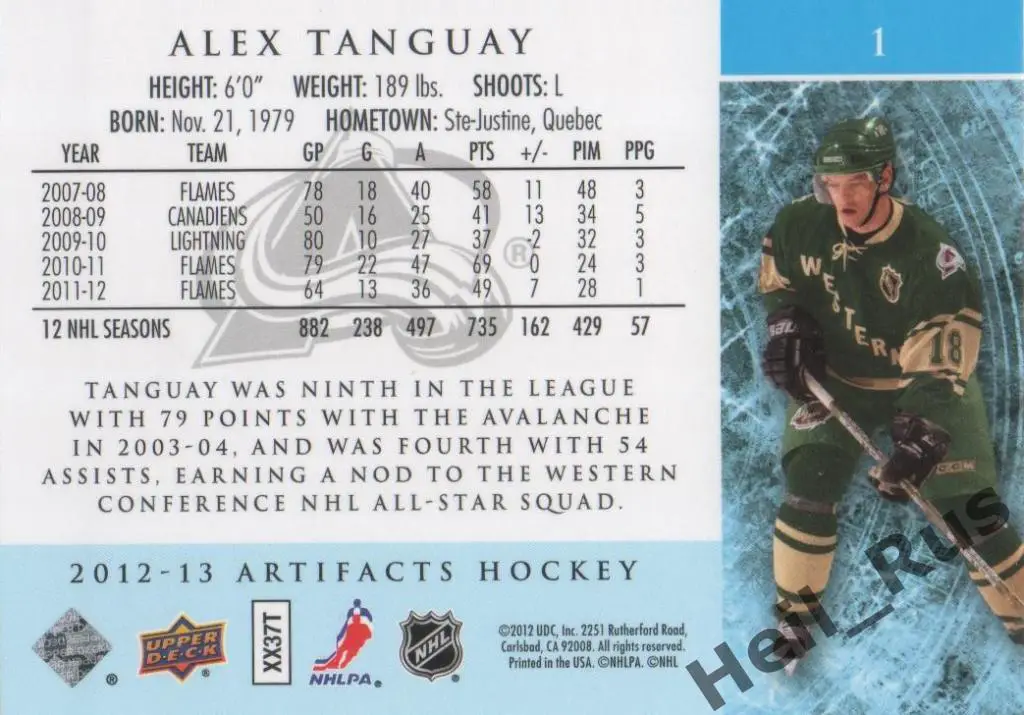 Хоккей Карточка Alex Tanguay/Алекс Тангуэй (Colorado Avalanche/Колорадо) НХЛ/NHL 1