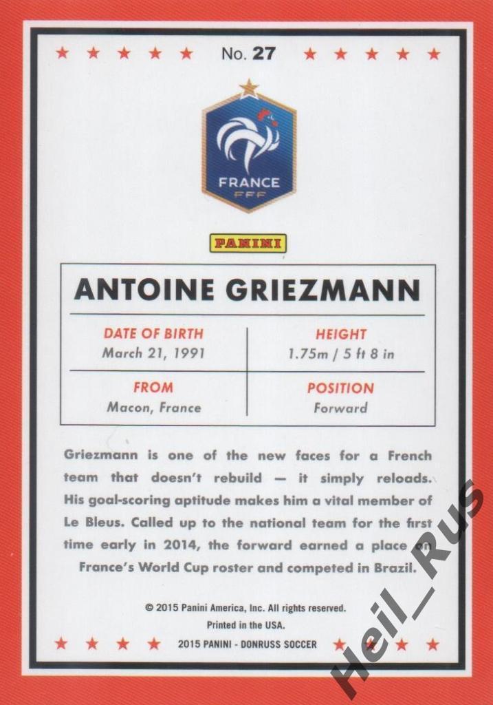 Футбол Карточка Griezmann/Антуан Гризманн (Франция,Атлетико Мадрид) Panini 2015 1