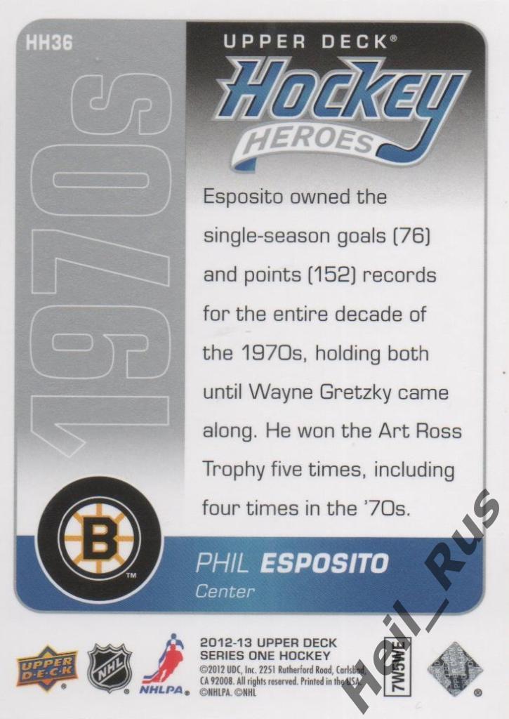 Хоккей Карточка Phil Esposito/Фил Эспозито (Boston Bruins/Бостон Брюинз) НХЛ/NHL 1
