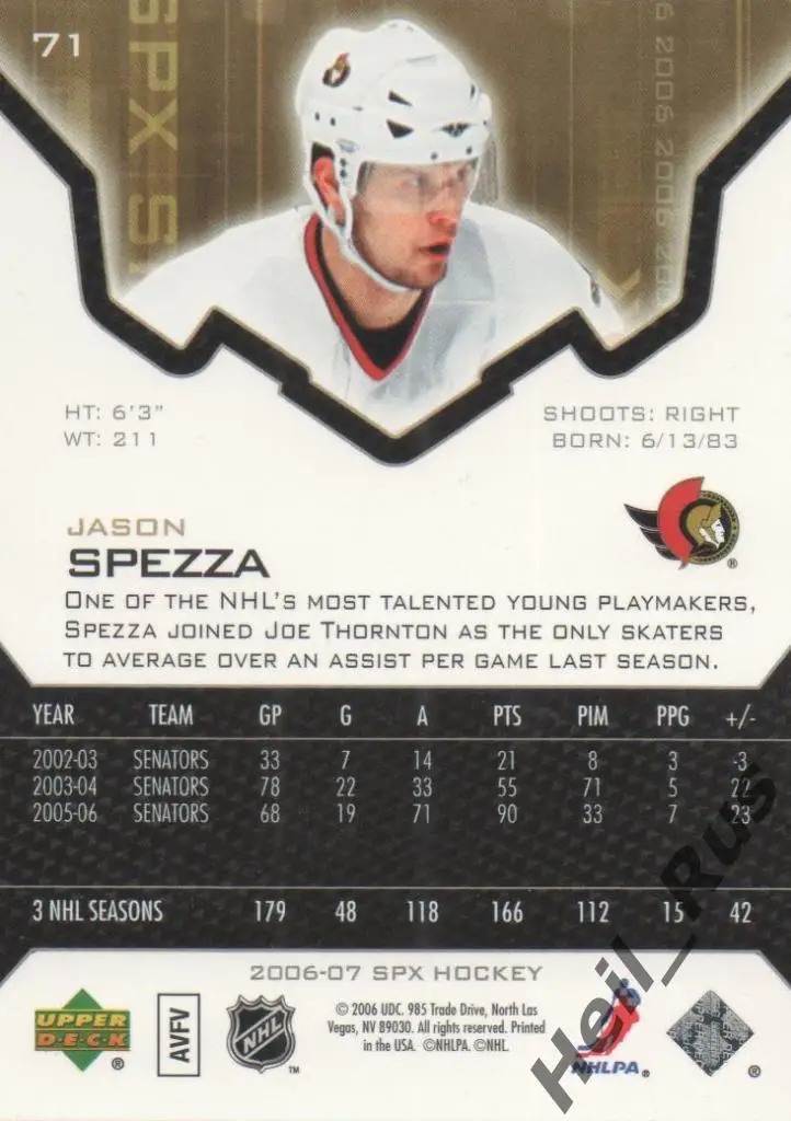 Хоккей. Карточка Jason Spezza / Джейсон Спецца (Ottawa Senators/Оттава) НХЛ/NHL 1