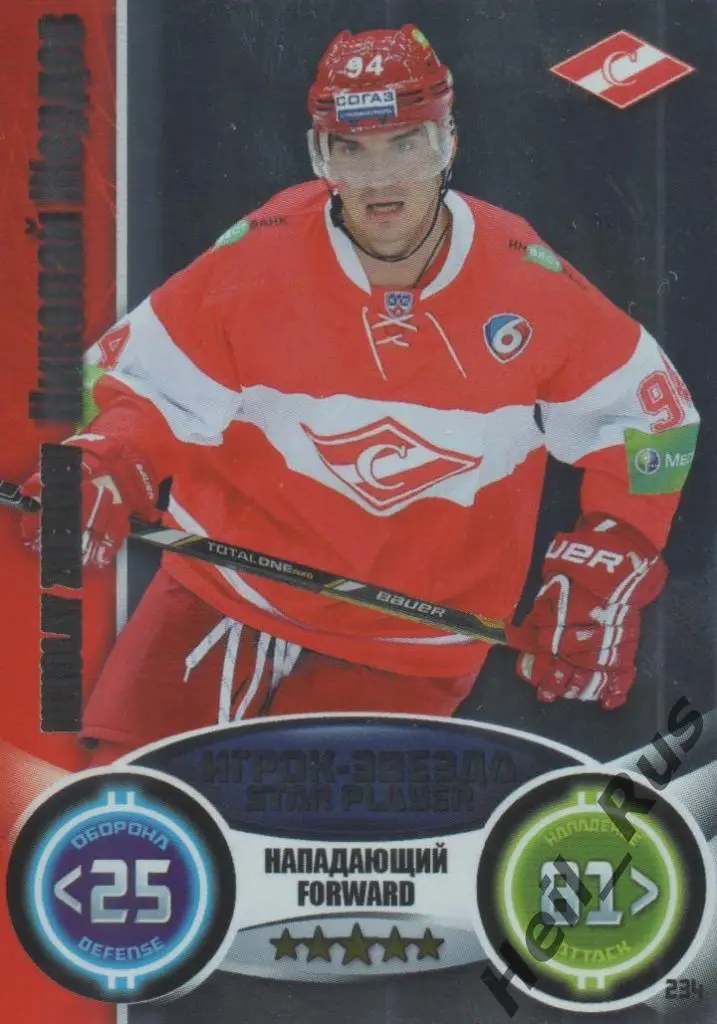 Хоккей. Карточка Николай Жердев (Спартак Москва) КХЛ/KHL сезон 2013/14 TOPPS