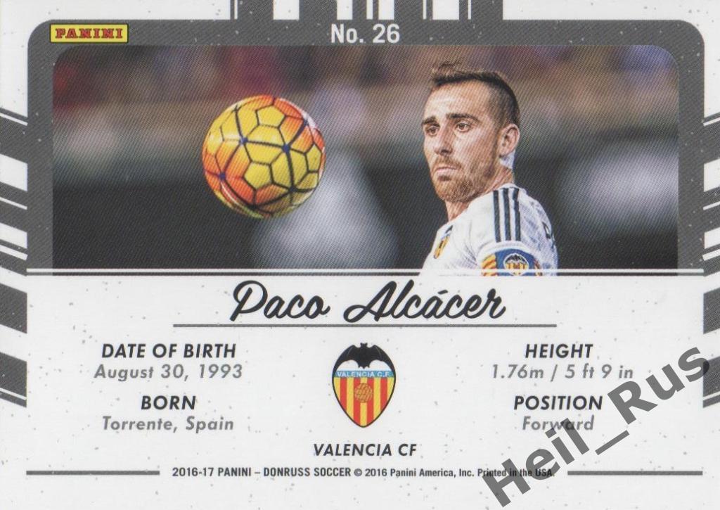 Футбол. Карточка Paco Alcacer/Пако Алькасер (Valencia/Валенсия) Panini 2016-17 1