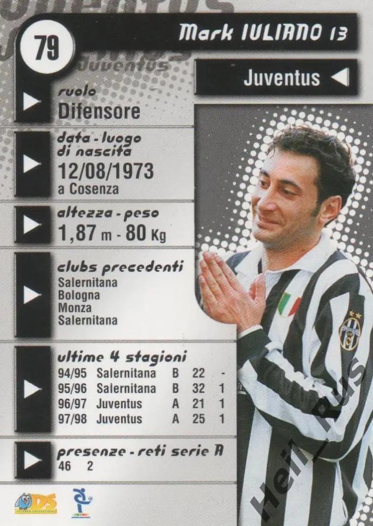 Футбол. Карточка Mark Iuliano / Марк Юлиано (Juventus / Ювентус) 1998-1999 1