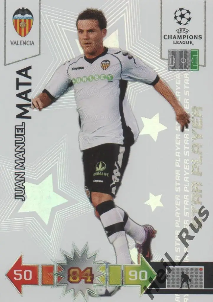 Футбол. Карточка Хуан Мата (Валенсия, Челси, Манчестер Юнайтед) Лига Чемпионов