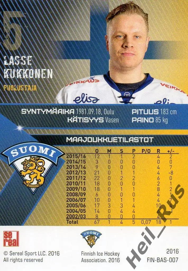 Хоккей. Карточка Лассе Кукконен (сборная Финляндия/Suomi, Металлург Магнитогорск 1