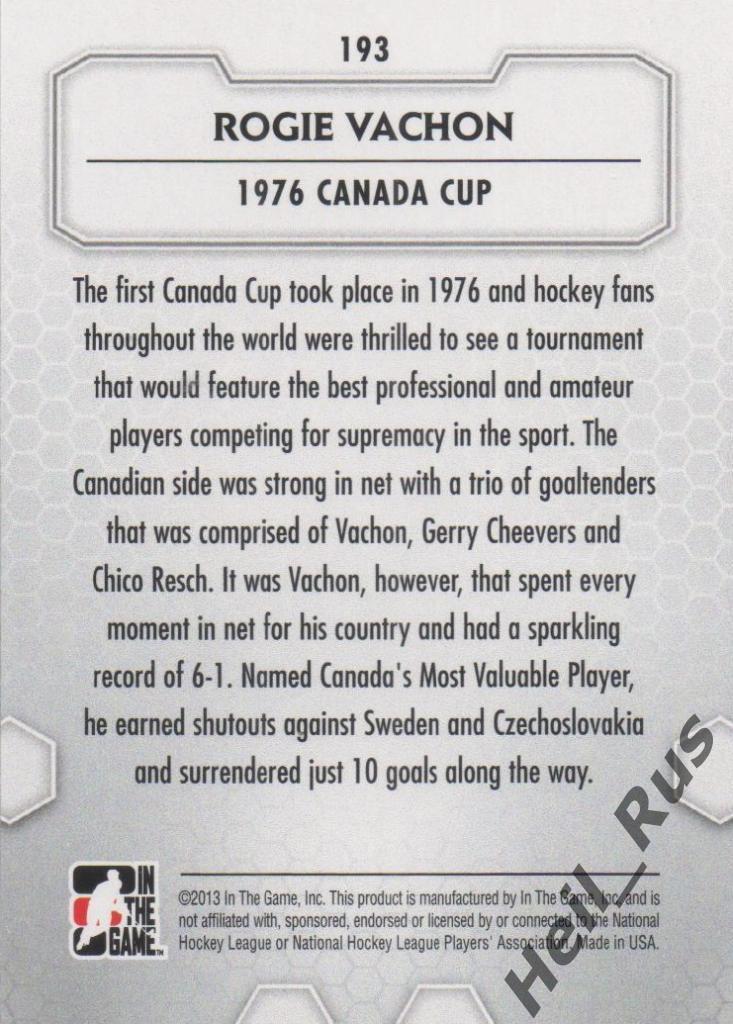 Хоккей. Карточка Rogie Vachon/Роги Вашон (Canada/Канада) НХЛ/NHL ITG 2012-13 1