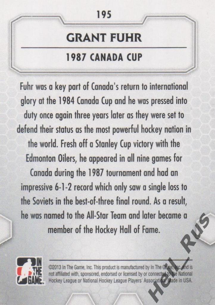 Хоккей. Карточка Grant Fuhr/Грант Фюр (Canada/Канада) НХЛ/NHL ITG 2012-13 1