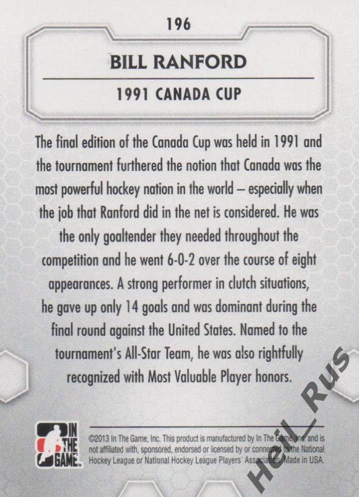 Хоккей. Карточка Bill Ranford / Билл Рэнфорд (Canada/Канада) НХЛ/NHL ITG 2012-13 1