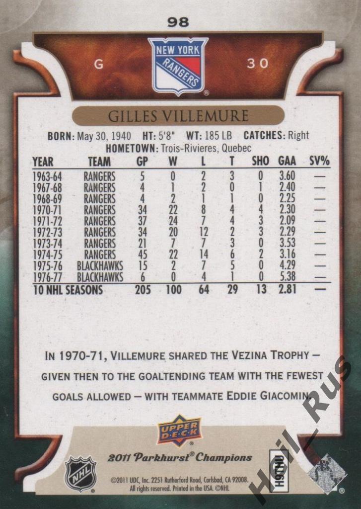 Хоккей. Карточка Gilles Villemure / Жиль Вильмур (New York Rangers) НХЛ/NHL 1