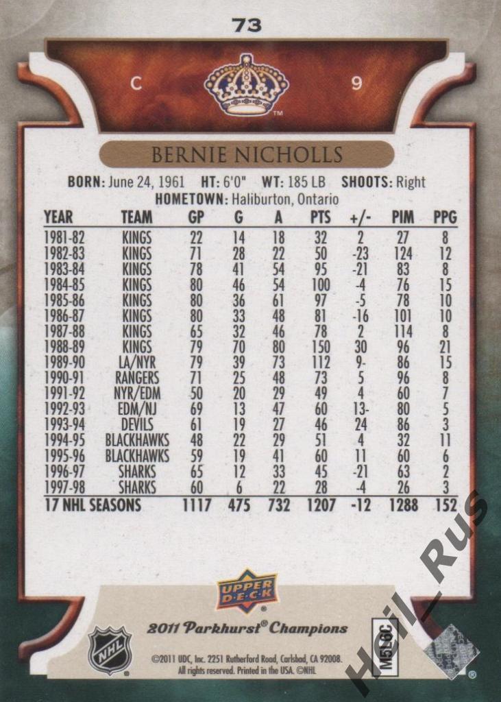 Хоккей. Карточка Bernie Nicholls/Берни Николлс (Los Angeles Kings/Кингз) НХЛ/NHL 1