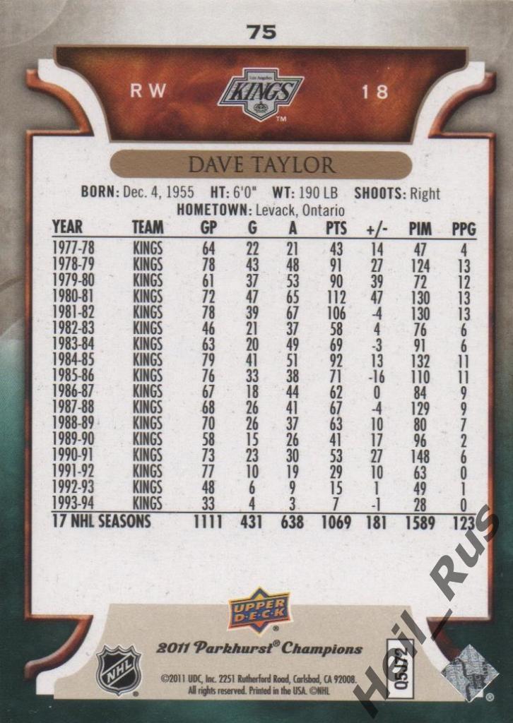 Хоккей. Карточка Dave Taylor / Дэйв Тэйлор (Los Angeles Kings / Кингз) НХЛ/NHL 1