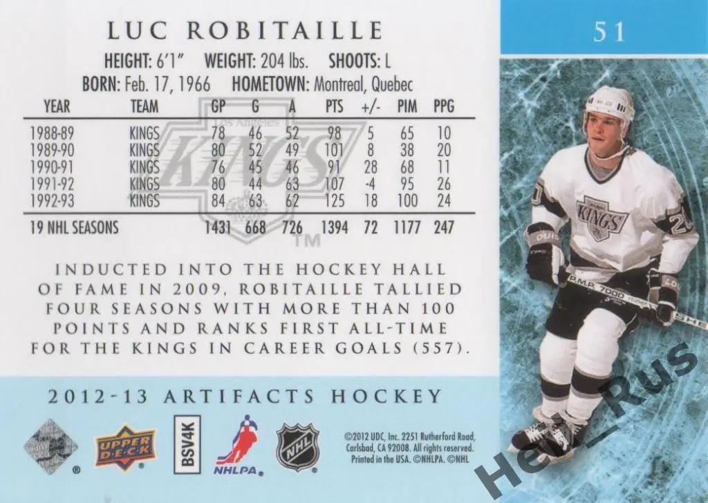 Хоккей. Карточка Luc Robitaille/Люк Робитайл (Los Angeles Kings/Кингз) НХЛ/NHL 1