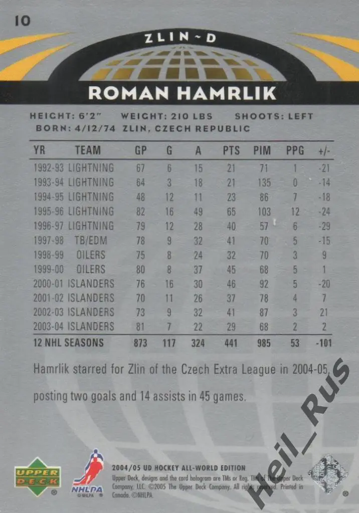 Хоккей. Карточка Roman Hamrlik / Роман Гамрлик (Zlin / Злин) НХЛ/NHL 2004-05 1