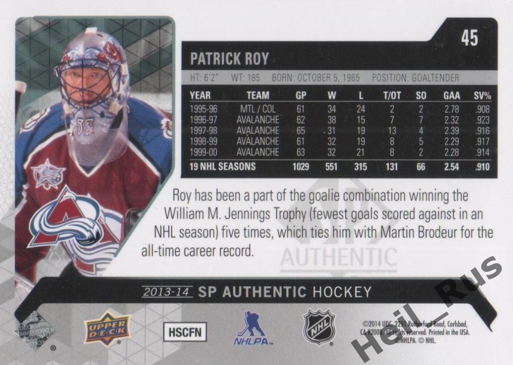 Хоккей. Карточка Patrick Roy / Патрик Руа (Colorado Avalanche/Колорадо) НХЛ/NHL 1