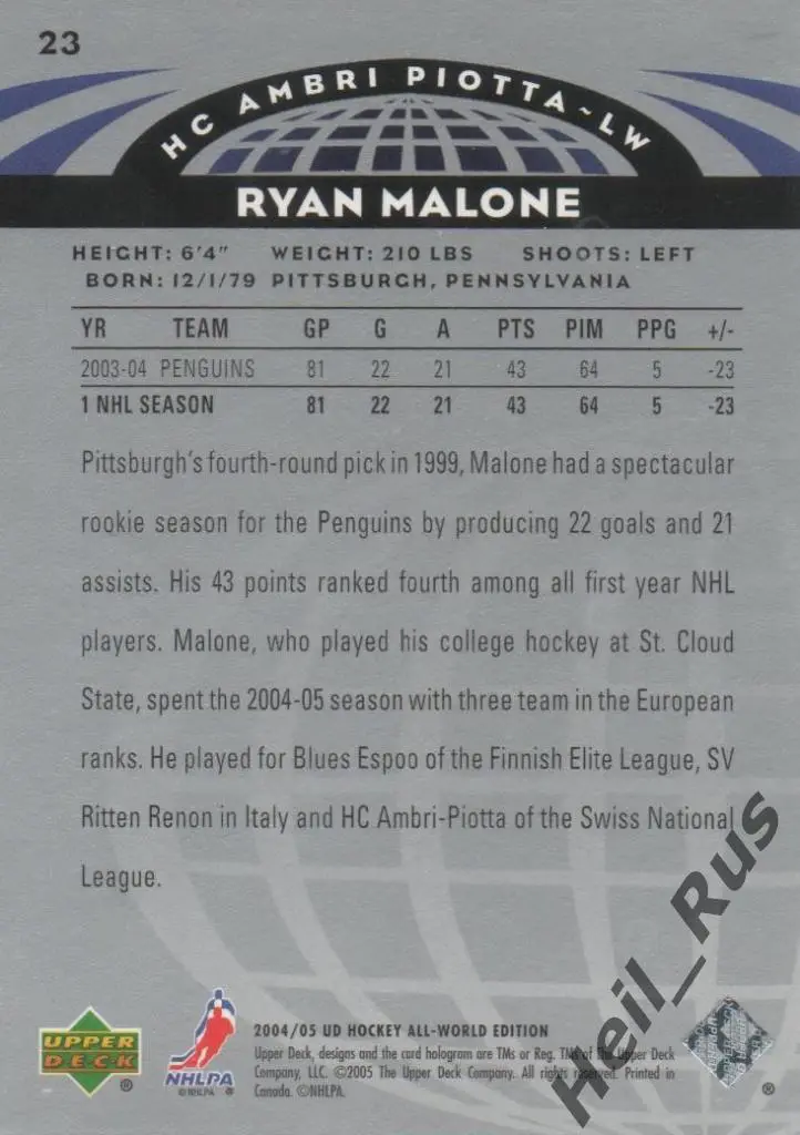 Хоккей. Карточка Ryan Malone/Райан Мэлоун (Ambri Piotta/SV Ritten Renon) НХЛ/NHL 1