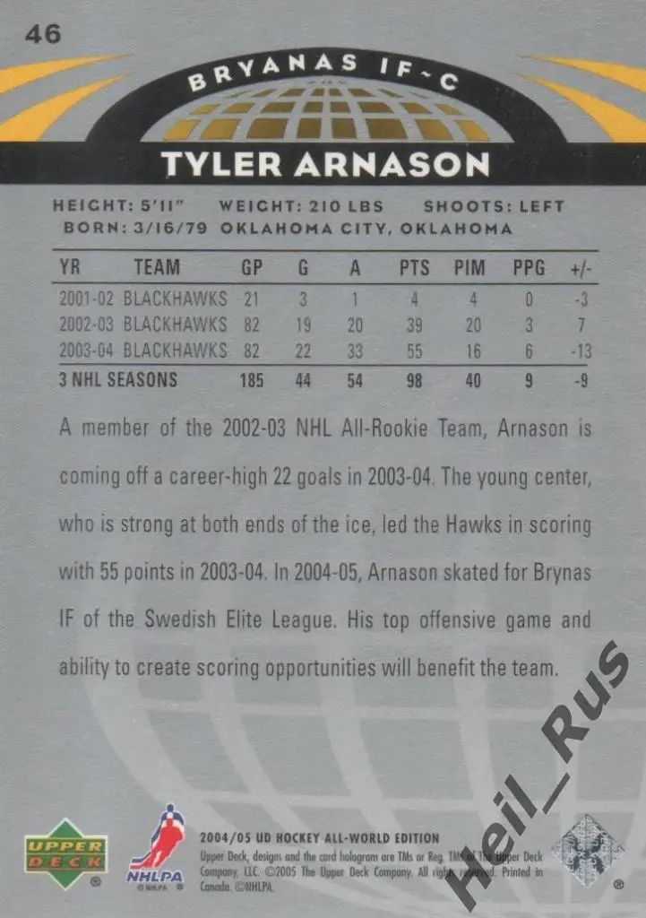 Хоккей. Карточка Arnason/Тайлер Арнасон (Brynas/Брюнес, Динамо Рига) НХЛ/NHL/КХЛ 1