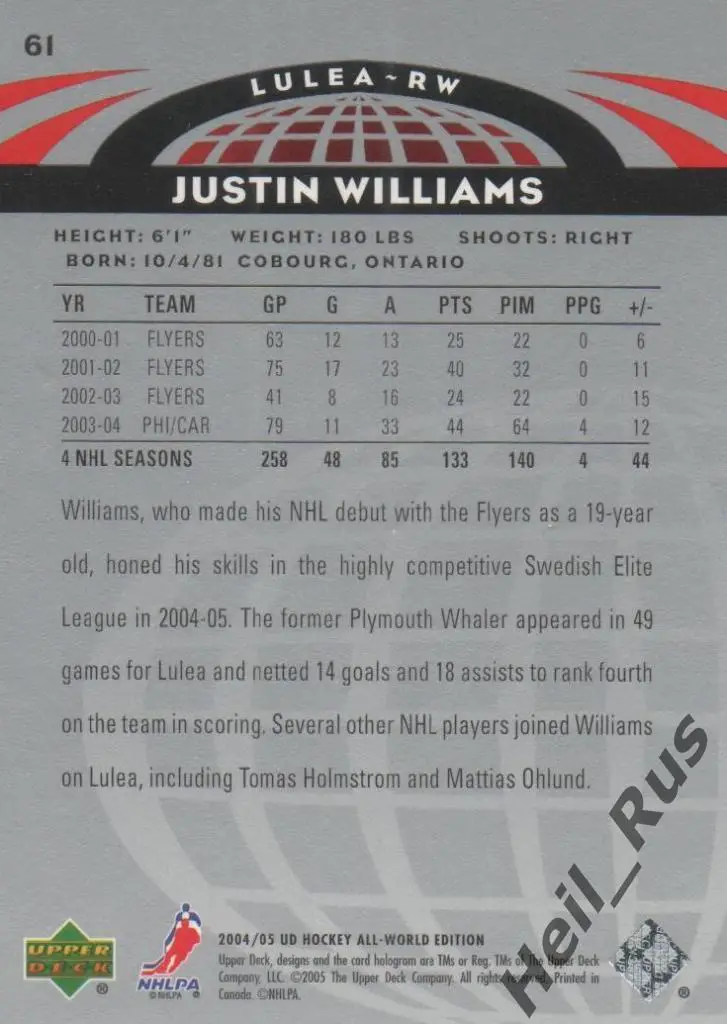Хоккей. Карточка Justin Williams / Джастин Уильямс (Lulea/Лулео) НХЛ/NHL 2004-05 1