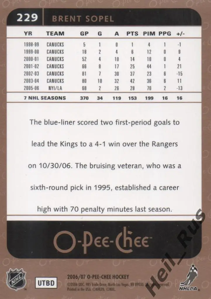 Хоккей. Карточка Брент Сопел (Los Angeles, Салават Юлаев, Металлург) НХЛ/NHL/КХЛ 1