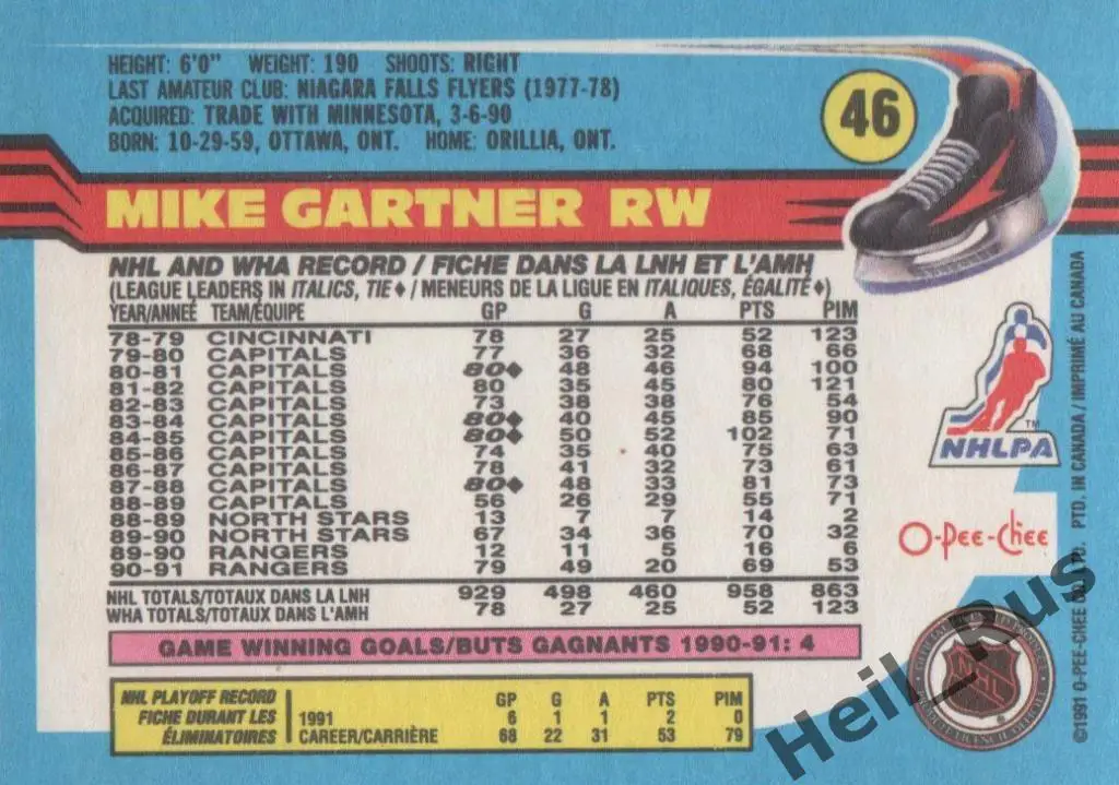 Хоккей. Карточка Mike Gartner / Майк Гартнер (New York Rangers/Нью-Йорк) NHL/НХЛ 1