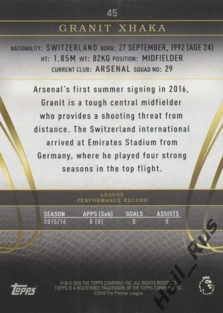 Футбол. Карточка Granit Xhaka / Гранит Джака (Arsenal/Арсенал) АПЛ 2016-17 Topps 1