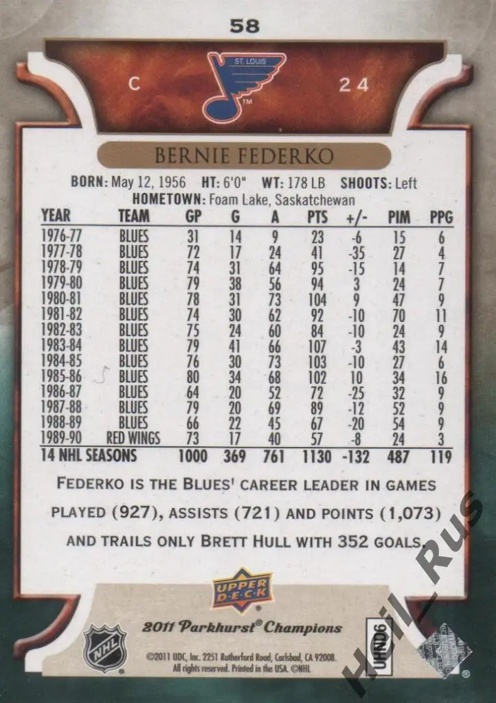 Хоккей Карточка Bernie Federko/Берни Федерко (St. Louis Blues/Сент-Луис) НХЛ/NHL 1