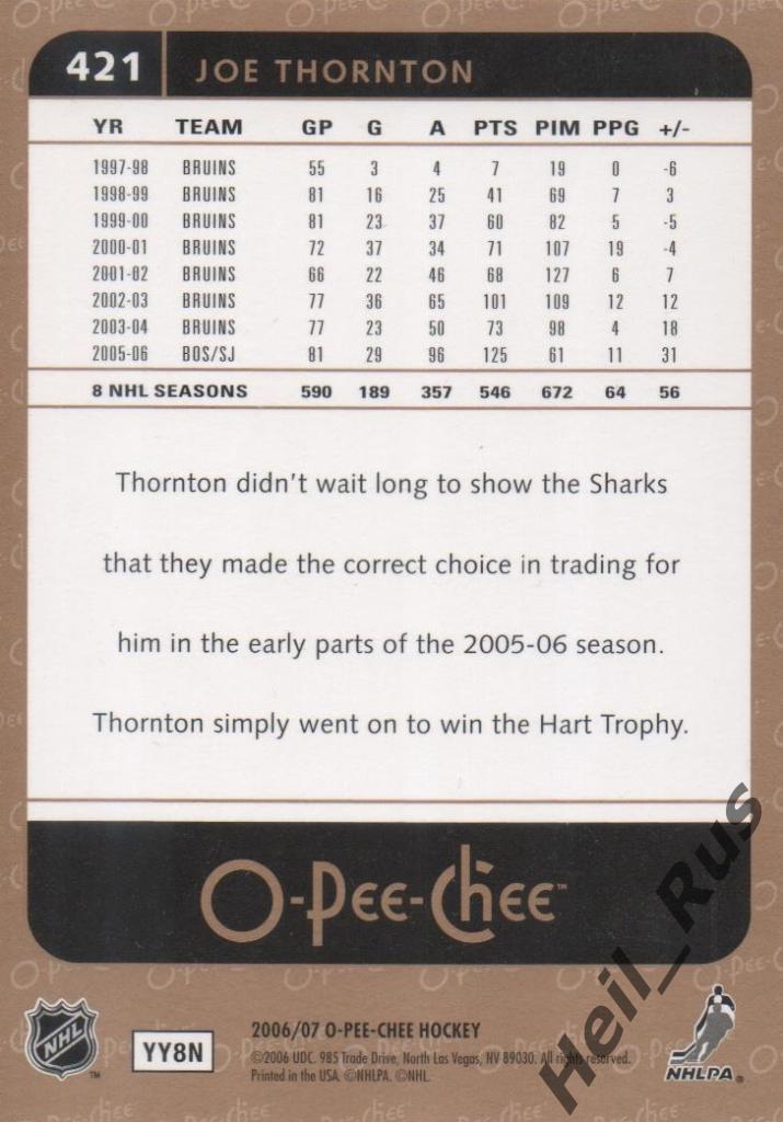Хоккей. Карточка Joe Thornton/Джо Торнтон San Jose Sharks/Сан-Хосе Шаркс НХЛ/NHL 1