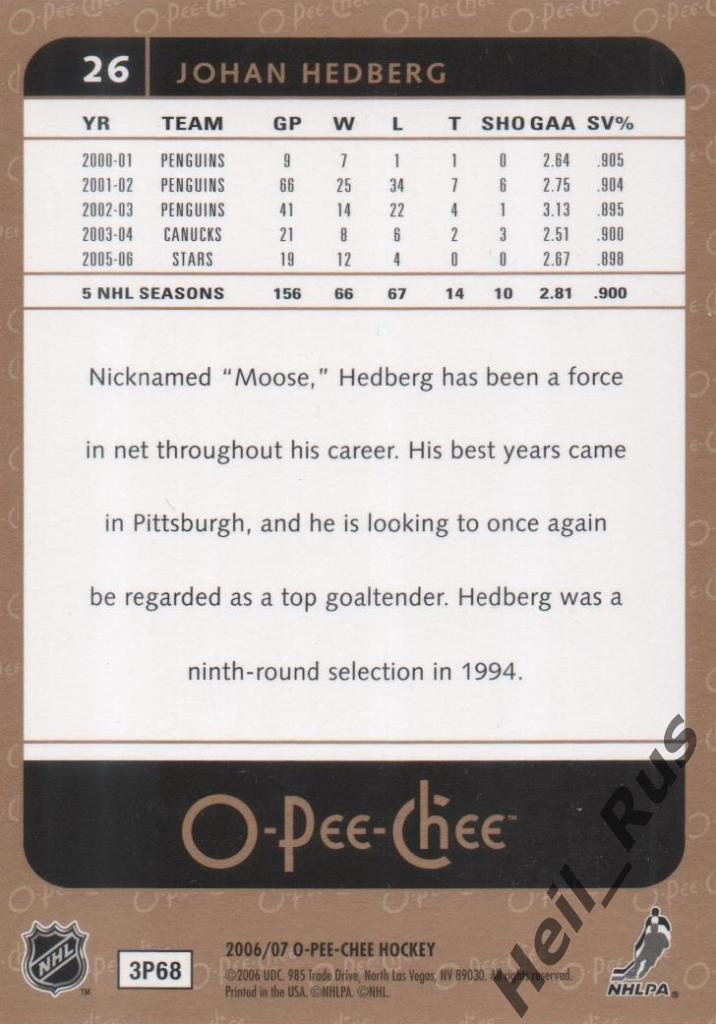 Хоккей. Карточка Johan Hedberg/Юхан Хедберг (Atlanta Thrashers/Атланта) НХЛ/NHL 1