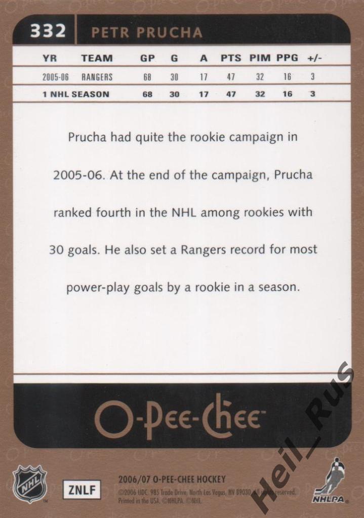 Хоккей. Карточка Petr Prucha/Петр Пруха (New York Rangers/Нью-Йорк, СКА) НХЛ/NHL 1