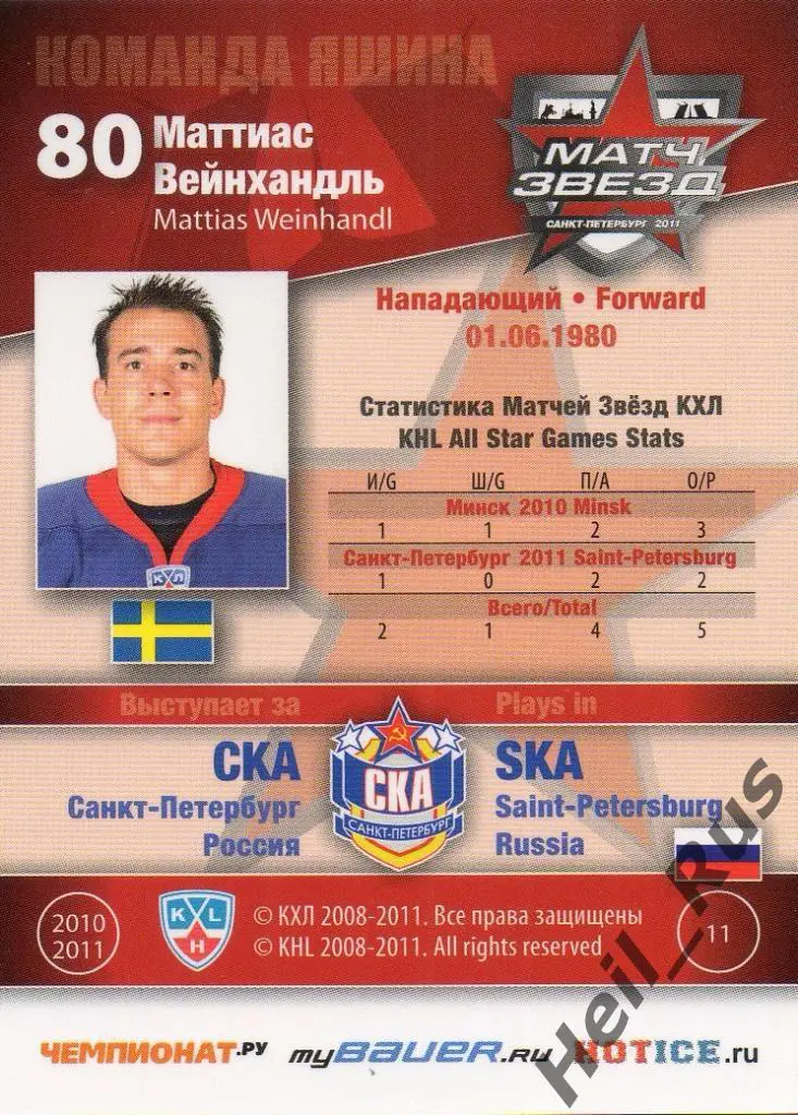Хоккей. Карточка Маттиас Вейнхандль (СКА Санкт-Петербург) Матч звезд КХЛ 2011 1
