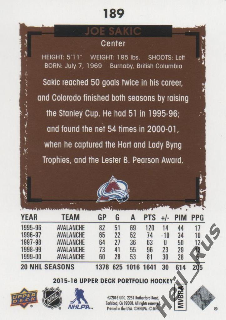 Хоккей Карточка Joe Sakic/Джо Сакик (Colorado Avalanche/Колорадо Эвеланш НХЛ NHL 1