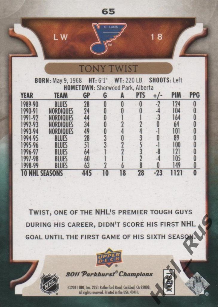 Хоккей. Карточка Tony Twist/Тони Твист (St. Louis Blues/Сент-Луис Блюз) НХЛ/NHL 1