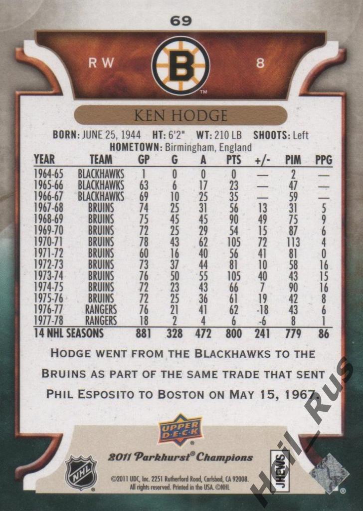Хоккей. Карточка Ken Hodge / Кен Ходж (Boston Bruins / Бостон Брюинз) НХЛ/NHL 1