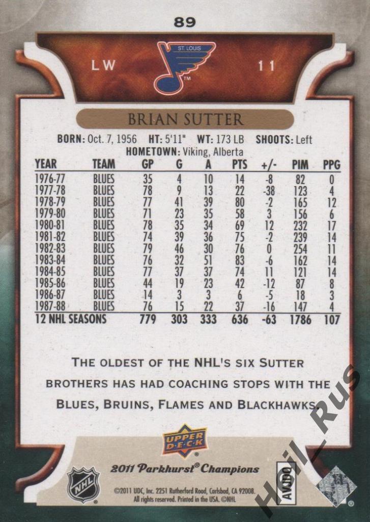 Хоккей. Карточка Brian Sutter/Брайан Саттер (St. Louis Blues/Сент-Луис) НХЛ/NHL 1