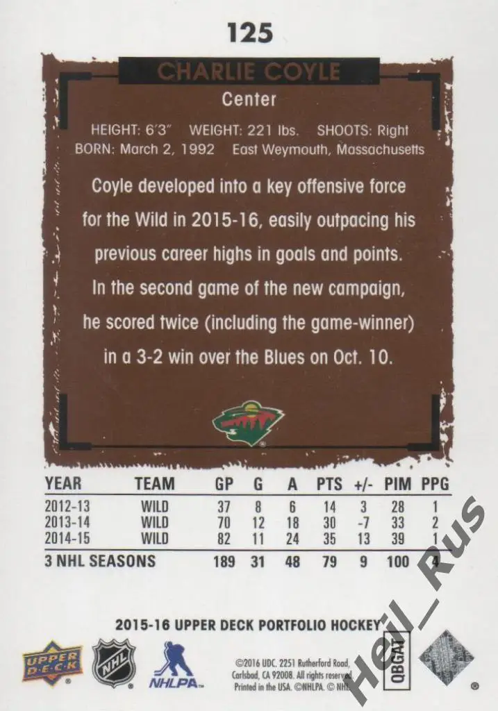 Хоккей Карточка Charlie Coyle/Чарли Койл (Minnesota Wild/Миннесота Уайлд НХЛ/NHL 1