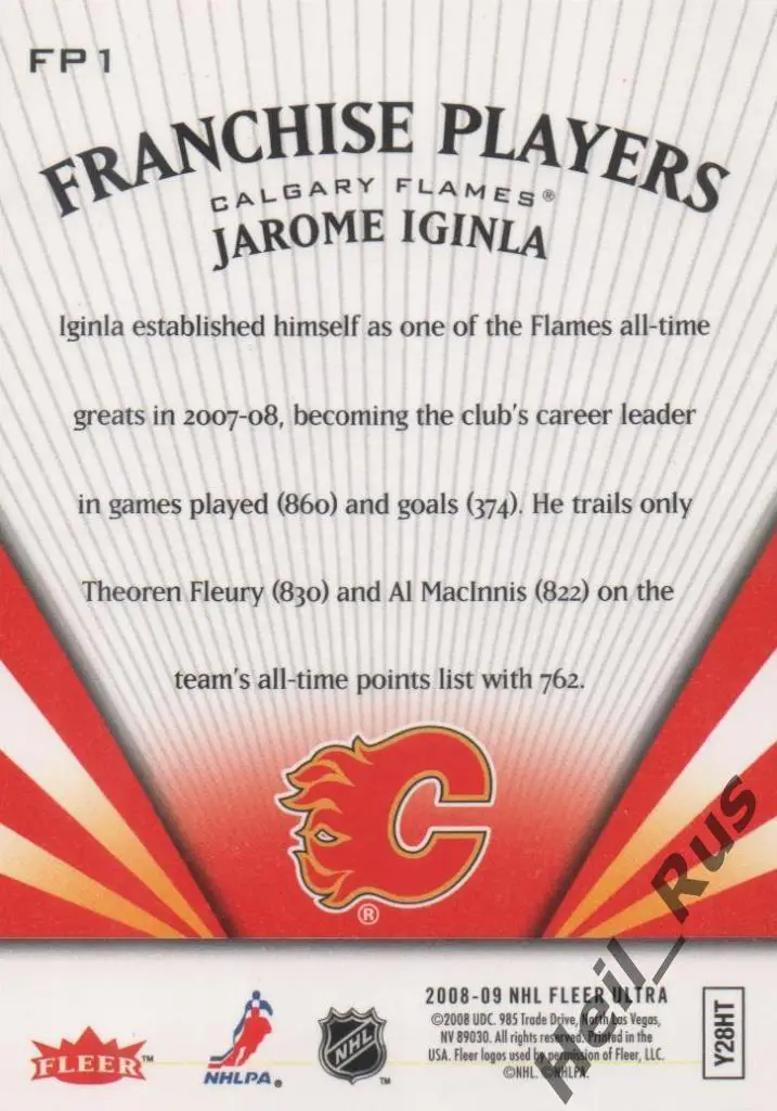 Хоккей. Карточка Jarome Iginla/Джером Игинла (Calgary Flames / Калгари) НХЛ/NHL 1