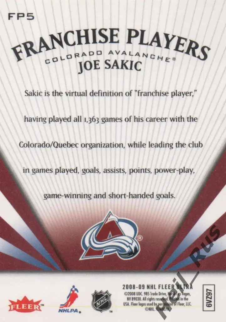 Хоккей Карточка Joe Sakic/Джо Сакик (Colorado Avalanche/Колорадо Эвеланш НХЛ NHL 1