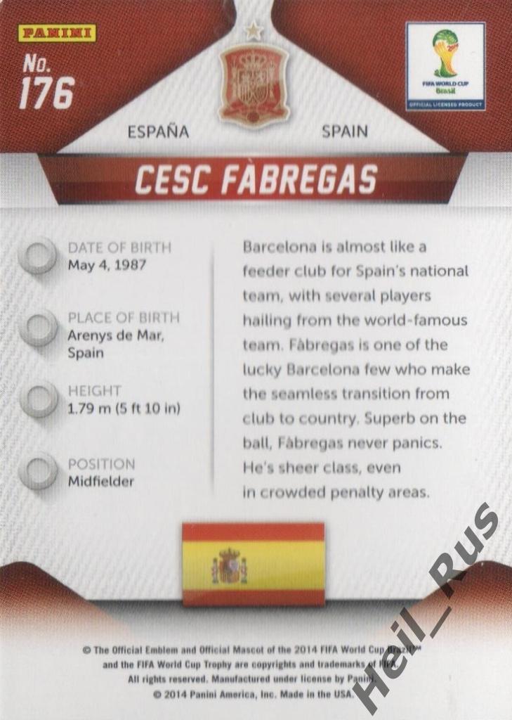 Футбол Карточка Cesc Fabregas/Сеск Фабрегас (Испания) Чемпионат Мира 2014 Panini 1