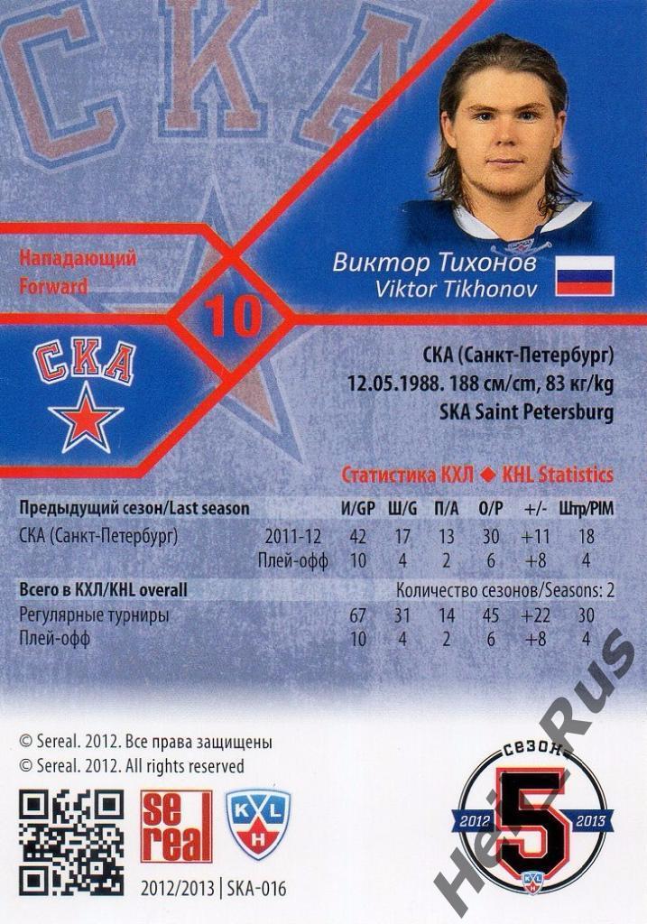 Хоккей. Карточка Виктор Тихонов (СКА Санкт-Петербург) КХЛ/KHL 2012/13 SeReal 1