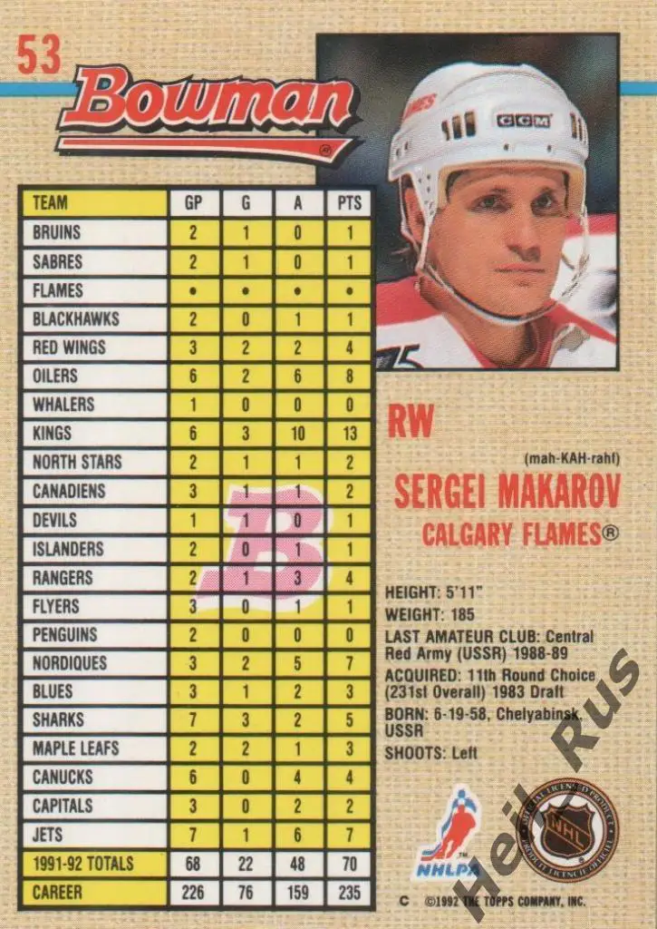 Хоккей. Карточка Сергей Макаров (Calgary Flames/Калгари, Трактор, ЦСКА) НХЛ/NHL 1