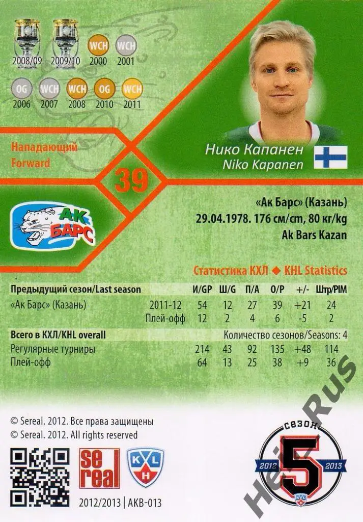 Хоккей. Карточка Нико Капанен (Ак Барс Казань) КХЛ/KHL сезон 2012/13 SeReal 1