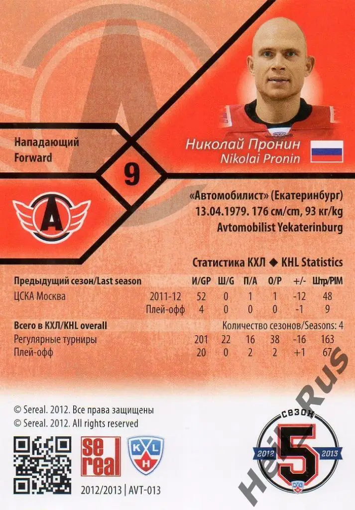 Хоккей. Карточка Николай Пронин (Автомобилист Екатеринбург) КХЛ 2012/13 SeReal 1