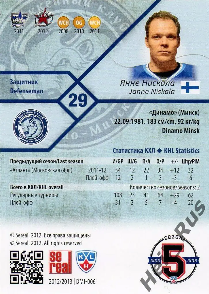 Хоккей. Карточка Янне Нискала (Динамо Минск) КХЛ/KHL сезон 2012/13 SeReal 1